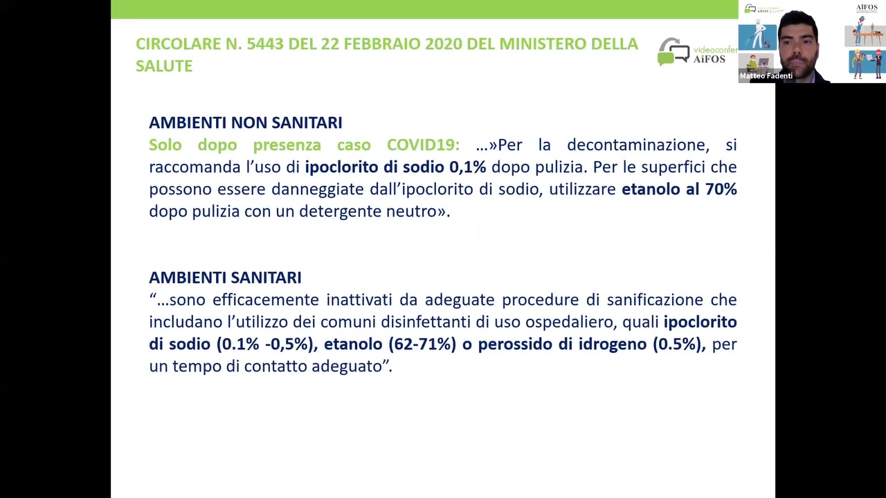 '3 \H()\

AMBIENTI NON SANITARI
...»Per la decontaminazione, si
raccomanda |’uso di ipoclorito di sodio 0,1% dopo pulizia. Perle superfici che

possono essere danneggiate da||’ipoc|orito di sodio, utilizzare etanolo al 70%
dopo pulizia con un detergente neutro».

AMBIENTI SANITARI

"...sono efficacemente inattivati da adeguate procedure di sanificazione che
includano |’uti|izzo dei comuni disinfettanti di uso ospedaliero, quali ipoclorito
di sodio (0.1% -0,5%), etanolo (62-71%) 0 perossido di idrogeno (0.5%), per
un tempo di contatto adeguato”.